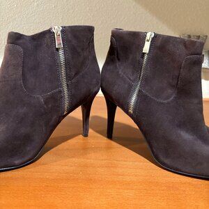 Brown Suede Stiletto bootie gold zipper